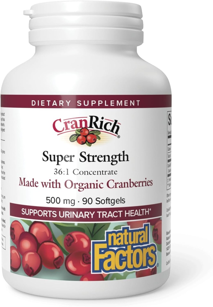 Natural Factors CranRich, Super Strength Cranberry Concentrate, Antioxidant Supplement för urinvägsstöd, icke-GMO, 90 softgels (90 portioner)