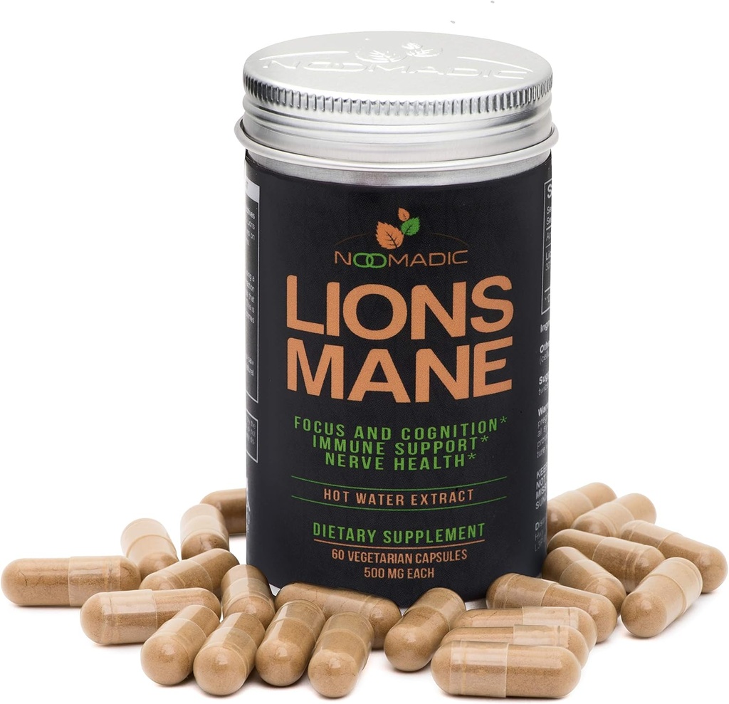Lion's Mane Mushroom, 60 kapslar | 500mg Var och en, Nerve Growth Factor (NGF) & Nootropic (Focus, Memory, BDNF), Hot Water Extract, Wood Grown, Fruiting Bodies, 30% Beta-D-Glucans
