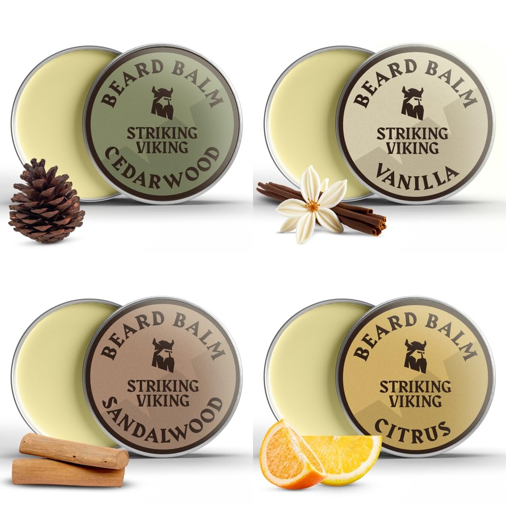 Beard Balm för män - Lämna i skägg Conditioner - Styling Balm Made med naturligt härledda skägg smör, Argan & Jojoba oljor (1 Ounce (Pack of 4), Citrus, Vanilla, Sandalwood, & Cedarwood)