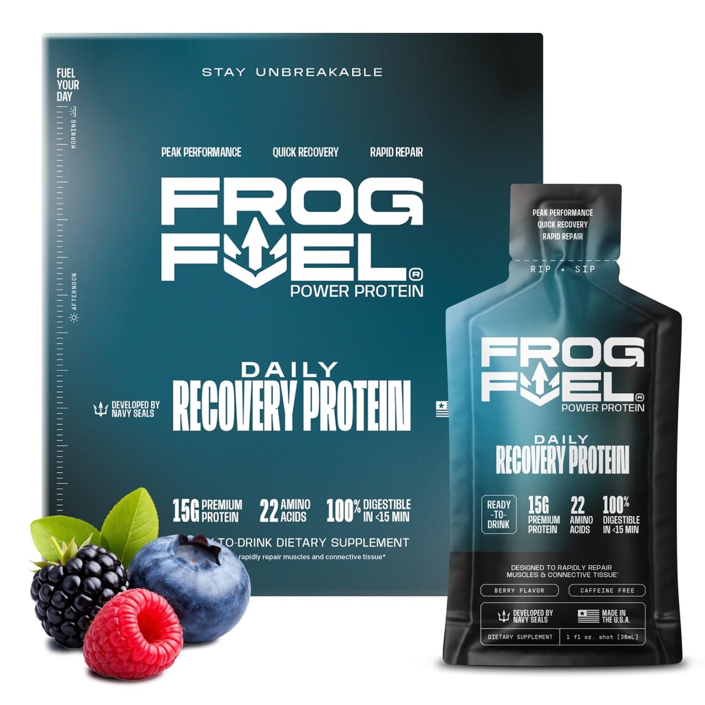 Frog Fuel Power Regular Protein Shot, 15g Protein Nano-Hydrolyzed Grass Fed Collagen, Post Workout, Gluten Free, Fat & Sugar Free, 22 Aminosyror, 0 Carbs, Berry, 1 oz Packets, 24 Pack