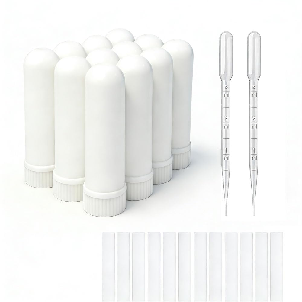12 Set Essential Oil Aromatherapy Tubes Inhaler Sticks Blank Nasal Inhalers (12 Komplett Sticks) + 2 Polyeten Pipette Droppers