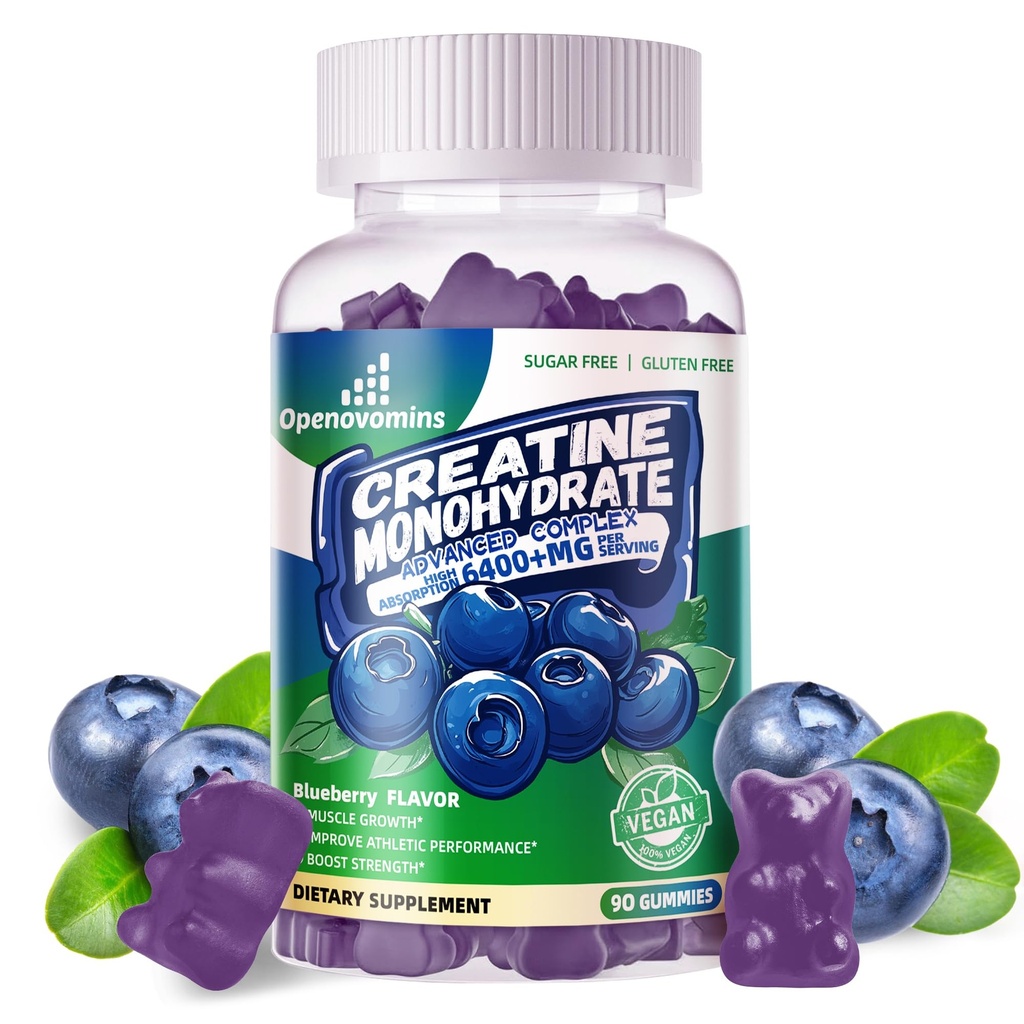 Kreatinmonohydrat Gummies Komplex för män och kvinnor -Avancerad Formel W/L-Taurin + Vitamin B12, Sugar Gratis Chewable Supplement,90 Blueberry Gummies