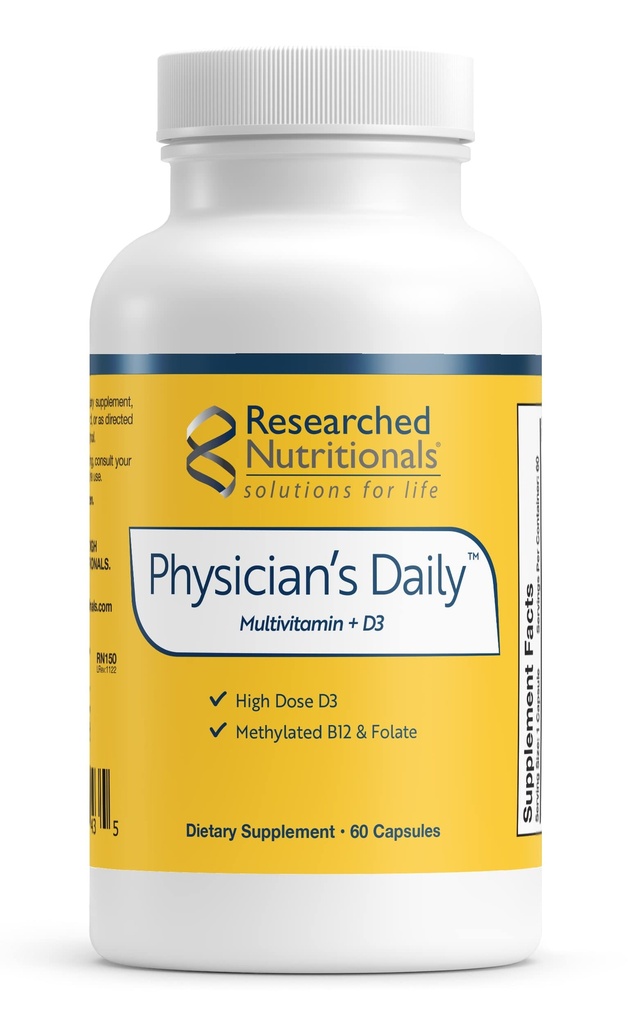 Forskad näringsläkares dagliga + D3-tillskott - Daglig multivitamin för män och kvinnor med vitamin D3 2000iu, vitamin B12, vitamin B6 + metylerad folat (60 kapslar)