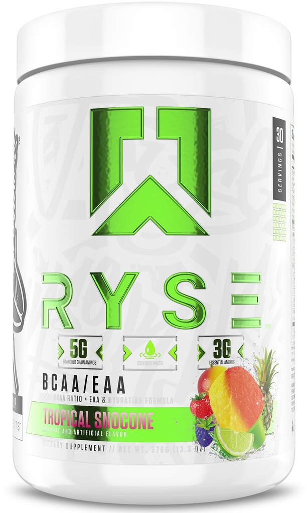 RYSE BCAA EAA Powder - Tropical Snocone - 5g Branched Chain Amino syror, 3g Essential Aminos, Sugar-Free Electrolytes för Pre & Post Workout Muscle Recovery, Hydration och styrka - 30 portioner