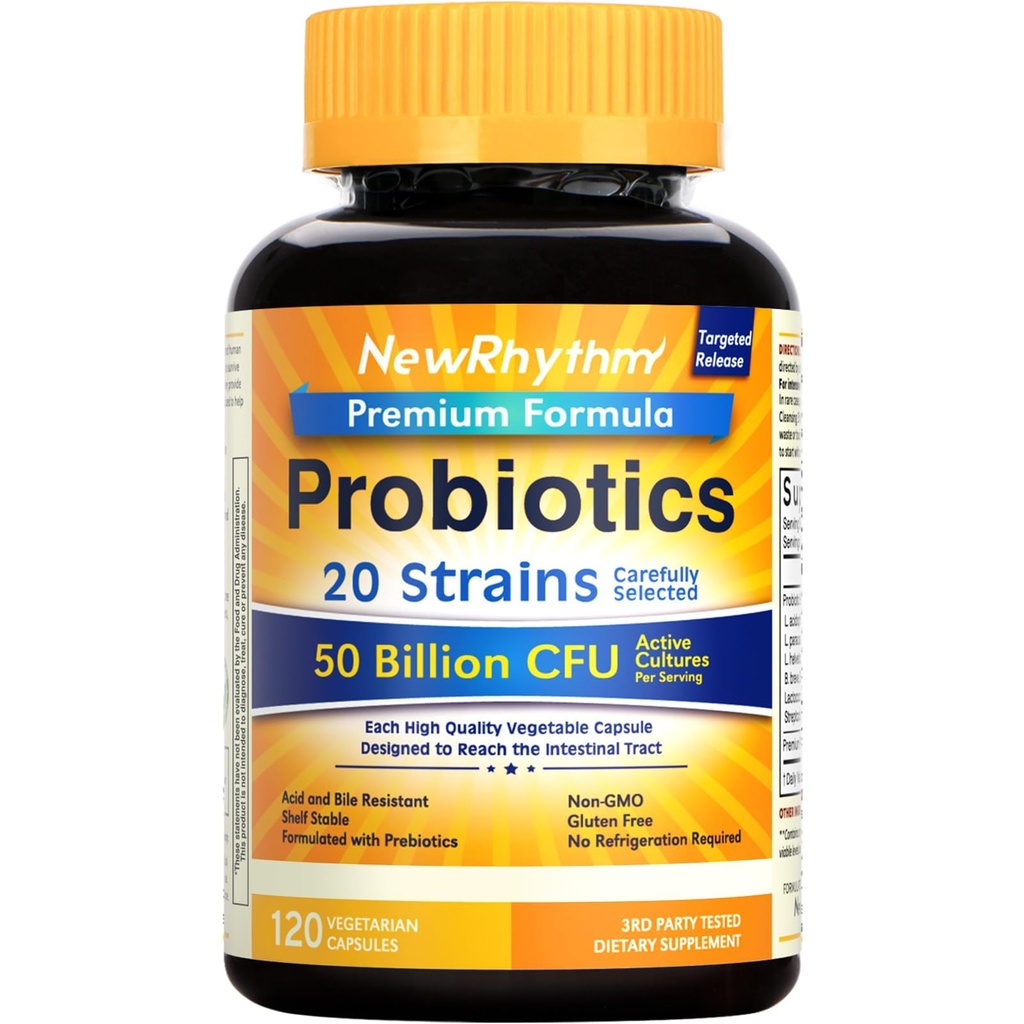 NewRhythm Probiotics 50 Billion CFU 20 Strains, 120 Veggie Capsules, Targeted Release Technology, Stomach Acid Resistant, Inget behov av kylning, Pack av 1, Non-GMO, Gluten Free