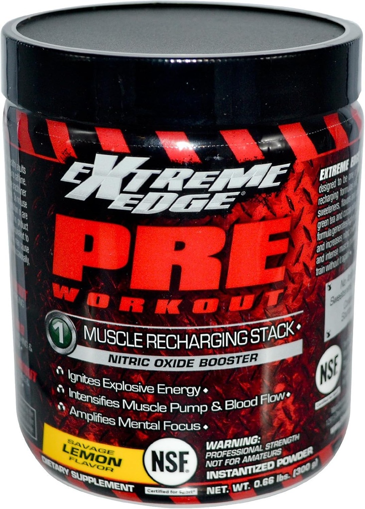 Bluebonnet Nutrition Extreme Edge Pre-träning, Muscle Recharging Formel*, Ökar Nitric Oxide (NO) nivåer *, Soy-Free, Dairy-Free, Lemon, 0,66 LB, 30 portioner