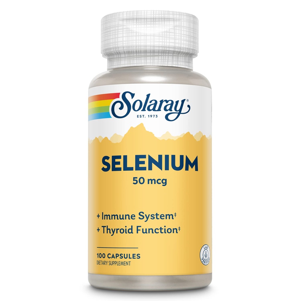 Solaray Selenium 50 mcg, hälsosam immunsystem, sköldkörtelfunktion och antioxidantstöd, 100 kapslar