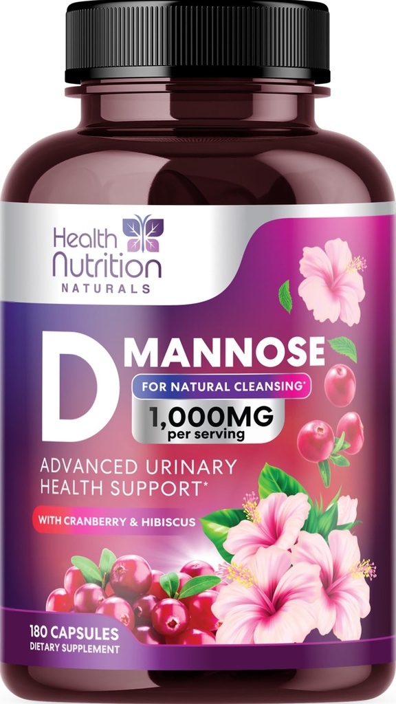 D-Mannose Supplement 1,350mg - med Cranberry, Hibiscus & Dandelion - Fast-Acting, Natural Urinary Tract & Bladder Support för kvinnor och män - Flush & Cleanse Impurities - Non-GMO, Vegan - 180 kapslar