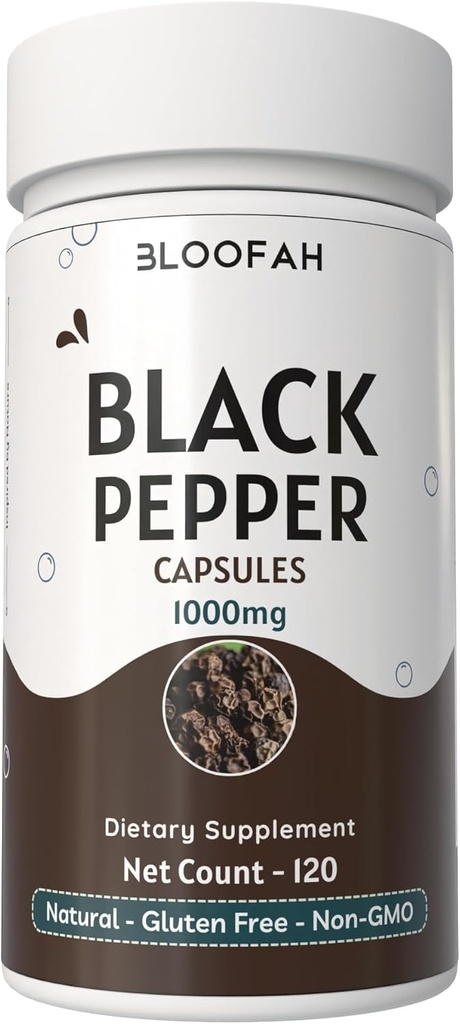 Black Pepper Capsules 1000mg Powder | Piper nigrum | Non-GMO, Gluten-Free | Inga konstgjorda tillsatser | GMP-Certified | Herbal Supplement | Traditionell Wellness (120 greve 1)