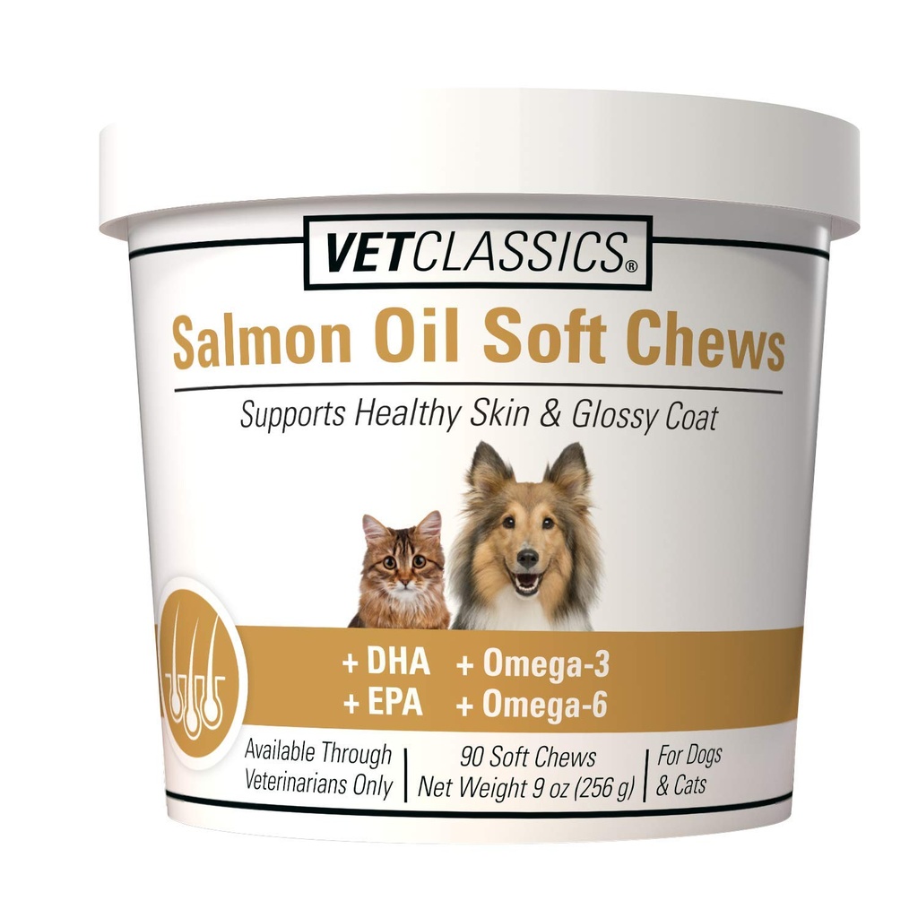 Salmon Oil Pet Supplement for Healthy Skin, Glossy Coats – Dog Coat Supplement, Cat Skin Supplement – Includes Omega-3, 6, 9, Source of DHA, EPA – Soft Chews 90 Ct.
