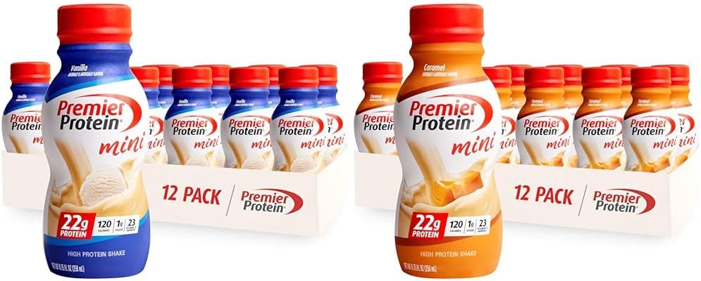 Premier Protein Shake MINIs Vanilla & Caramel Flavors, 22g Protein, 120 kalorier, 1g Sugar, 8,75fl oz, Packs av 12