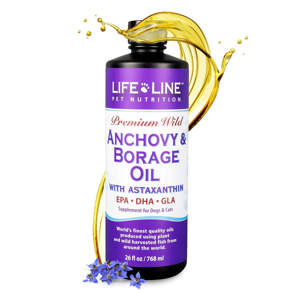Lifeline Wild Anchovy + Borage Oil för hundar | Omega-6 GLA Supplement för hudhälsa, allergier och päls | Reducerar Shedding, Itching & Inflammation - 26 oz