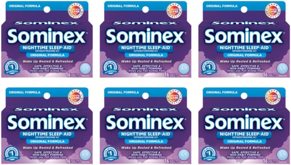 Sominex Nighttime Sleep-Aid med Diphenhydramine HCl 25 mg, Original Formel, 16 tabletter, (Pack of 6)