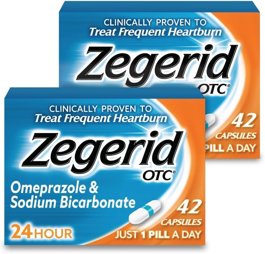 Zegerid OTC, Omeprazole Plus Sodium Bicarbonate, 24 Hour, Proton Pump Inhibitor (PPI), Heartburn Medicine, Acid Reducer, två 42ct Cartons