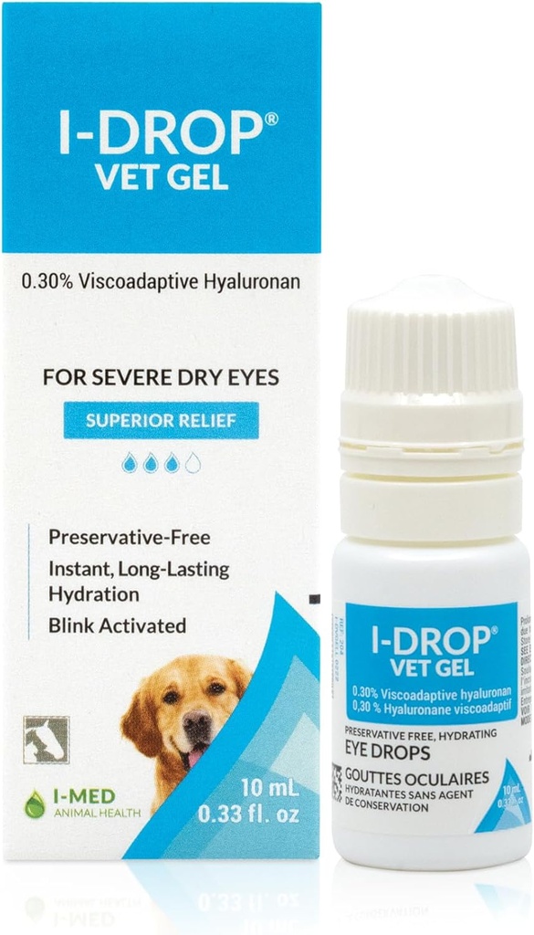 I-DROP Vet Gel: Pet Eye Drops för hundar | Lubricate Acute/Seasonal Dry Eyes | Superior Comfort | Långvarig lättnad | Färre applikationer behövs, 0,30% Hyaluronan | Multi dos flaska | En flaska 10 ml