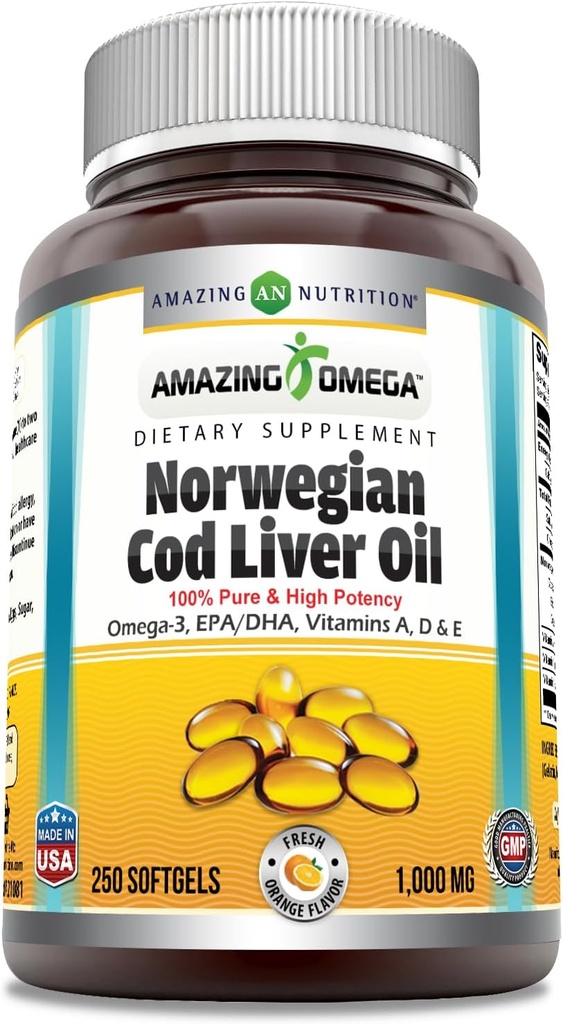 Fantastisk Omega Norwegian Cod Liver Oil 1000 Mg Softgels Supplement | Omega-3, EPA, DHA, Vitamin A, D & Vitamin E (Orange | 250 Count)