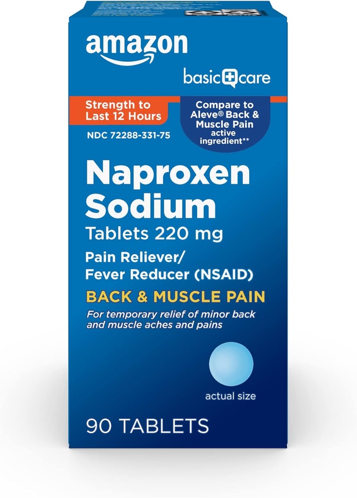 Grundläggande vård Tillbaka och muskelsmärta, 220 mg, 12-timmars smärtlindring, naproxen natrium tabletter, smärtstillande och feberreducer, 90 greve