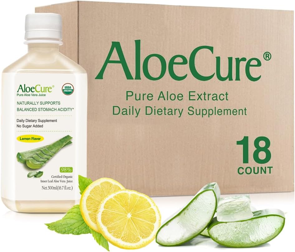 AloeCure USDA Organic Aloe Vera Juice Lemon Flavor - Tillverkad inom 12 timmar av skörd - Naturligt matsmältningstillskott för balanserad magsyra - Stöd Digestive and Immune Health, 18 Btls x 16.7oz