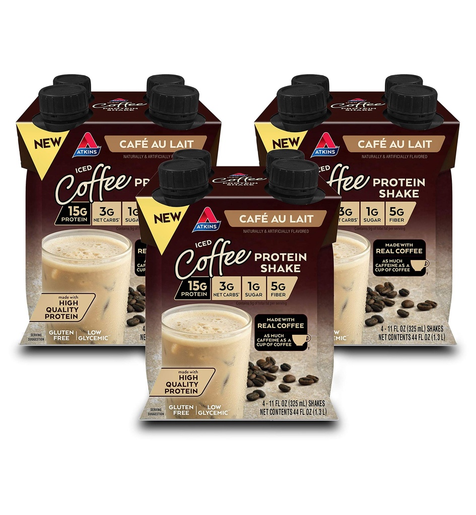 Atkins Café au Lait Iced Coffee smaksatt Protein Shake, High Protein Shake, Low Sugar, Low Carb och Low Sugar, Keto Friendly, Gluten Free, 12 Count