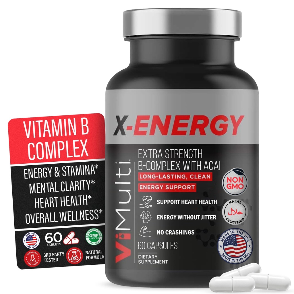 X-Energy Extra Strength B Complex med koffein och vitamin B12 - Energistöd med B1, B2, B3 Niacin, B6, Folic Acid, Biotin, B5, Taurin, Ginseng, Rhodiola, Maca, Acai & Spirulina - 60 kapslar
