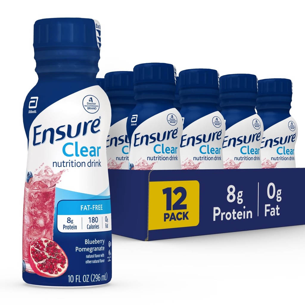 Säkerställ Liquid Clear Nutrition Drink, 0g fett, 8g protein, Blueberry Pomegranate, 10 Fl Oz (Pack of 12), flaska, glutenfri