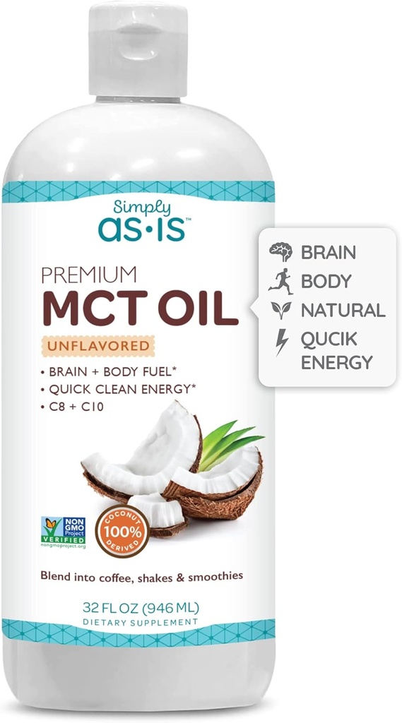 AS-IS Simply Premium MCT Oil C8 & C10 | Unflavored | 100% från icke-GMO kokosnötter | Perfekt för morgonkaffe | Snabb ren energi | 32 fl oz (63 portioner)