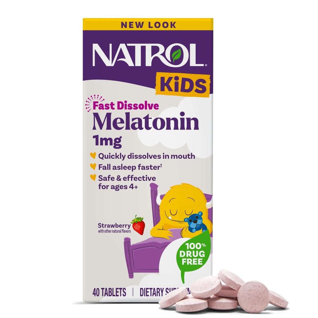 Natrol Barn snabbt lösa Melatonin 1 mg, Kosttillskott för Restful Sleep, Sleep Tablets for Kids, 40 Strawberry-Flavored Melatonin tabletter, 40 Day Supply
