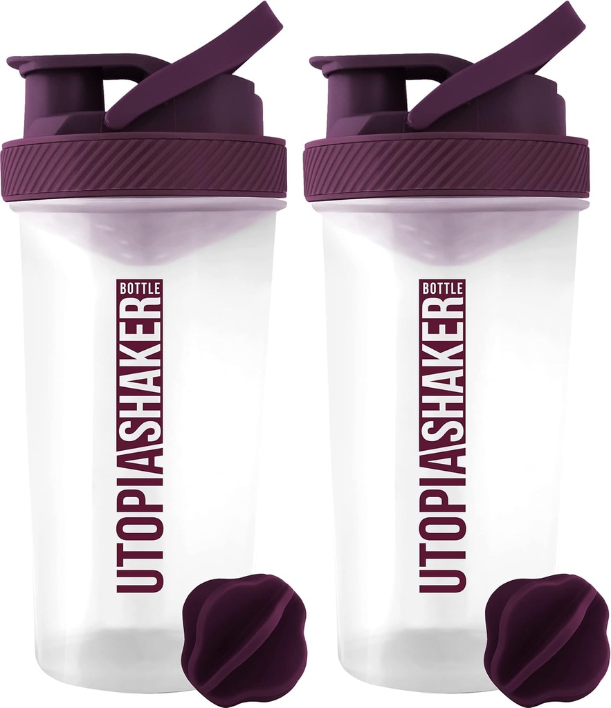 Utopia Home Protein Shaker Bottle - (Pack of 2) 28-Ounce Shaker flaskor för proteinblandningar - Fitness Sports Classic Protein Mixer Shaker Bottle (Clear/Plum)