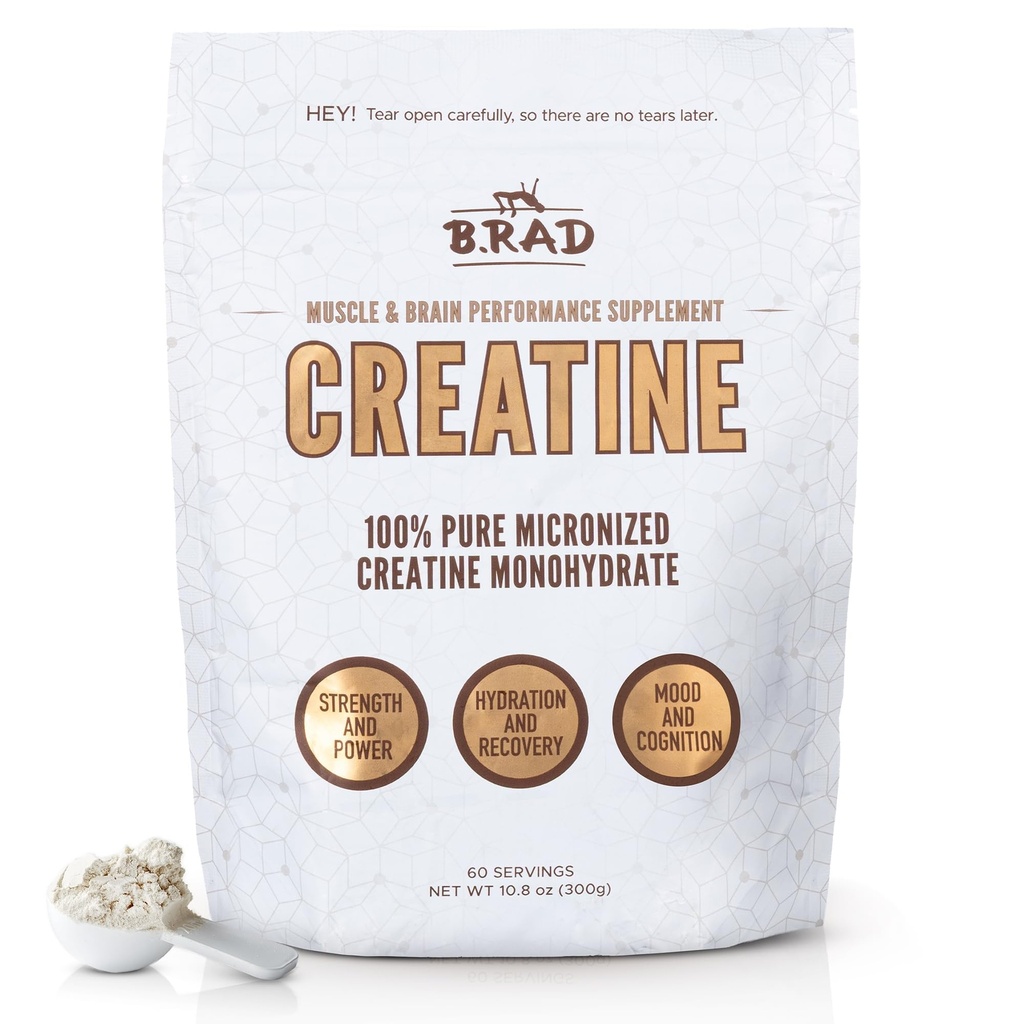 B.rad 100% ren mikroniserad kreatinmonohydratpulver | Naturliga, inga tillsatser | Ökar muskelstyrka, återhämtning och prestanda | Stöder hjärnhälsa | 300g, 60 portioner