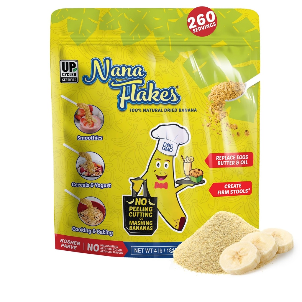Nana Flakes 100% Pure Banana Flakes Food Powder 4 lbs - Great Source of Potassium & Fiber, för Digestive Health & Occasional Diarrhea, Meal Thickening - Natural & Soothing (4 lbs Bag)