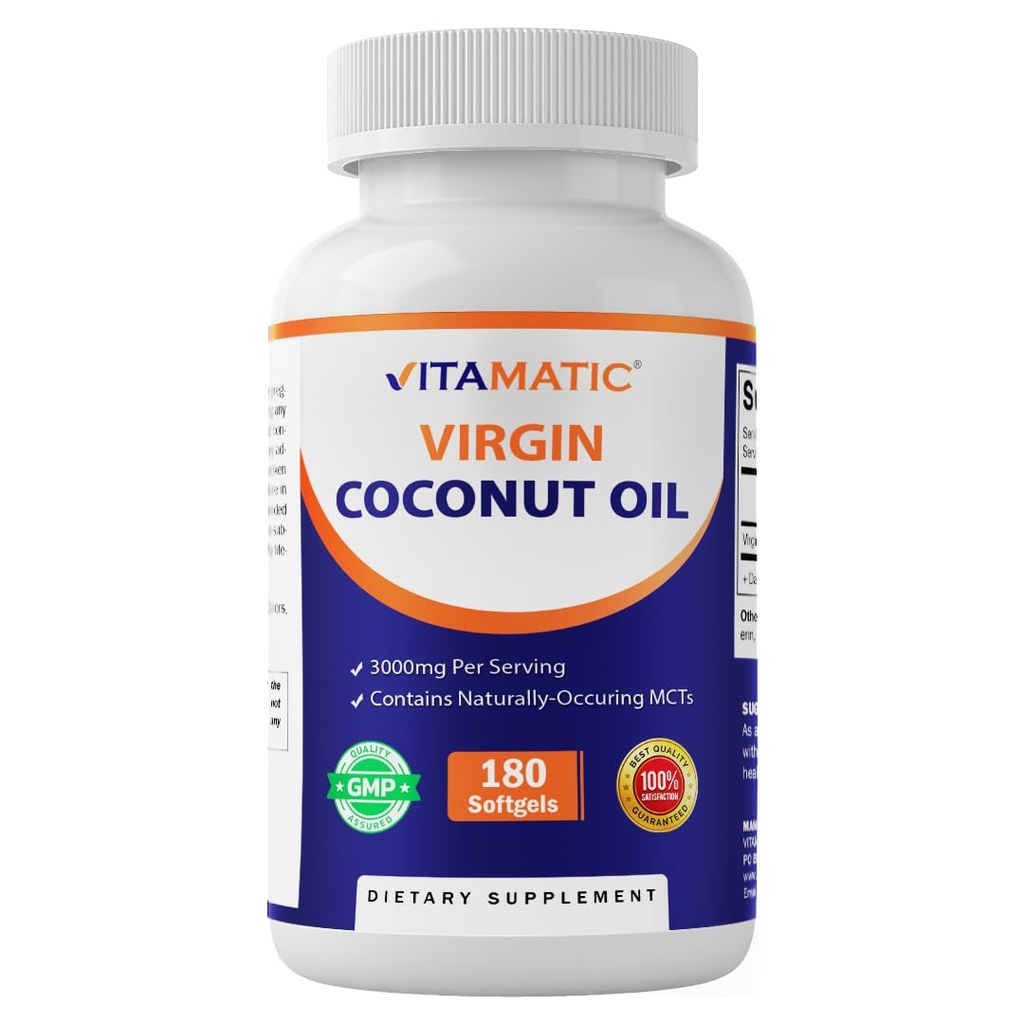 Vitamatic Virgin Coconut Oil Softgels, 3000 mg Per Servering, 60 portioner, 180 greve, icke-GMO, Gluten Free