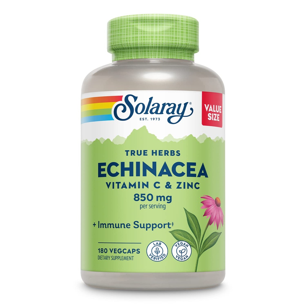SOLARAY Echinacea Vitamin C & Zink 850mg Plus Bioflavonoider, Echinacea Capsules for Healthy Immune Support, Vegan, Lab Verified, 60-Day Money-Back Guarantee, 90 Servings, 180 VegCaps