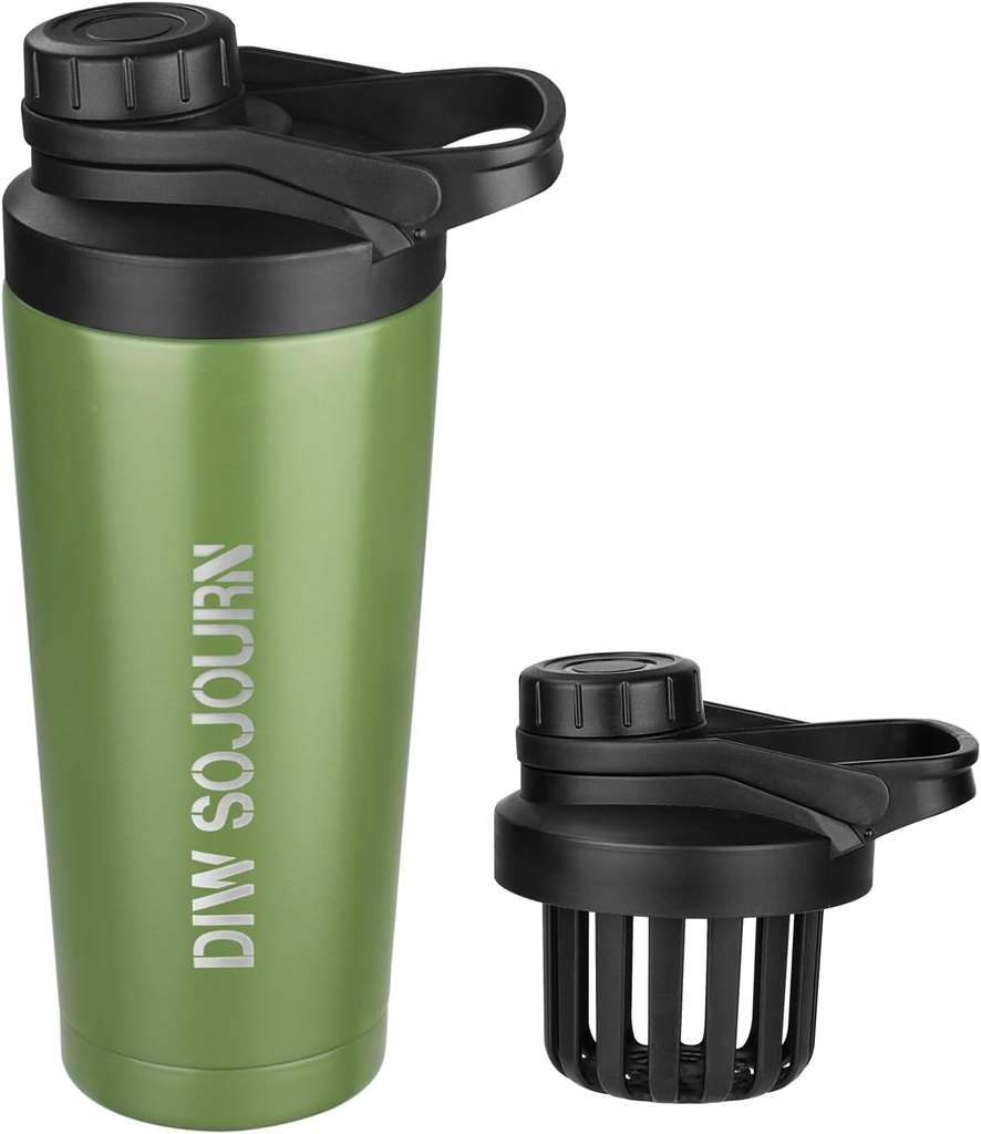 DIW 24 oz Shaker Bottle, Rostfritt stål Shaker Bottle med bullerfri design, isolerad metall Shaker Cup för proteinblandningar och Pre Workout, Gym Bottle Shaker (grön)