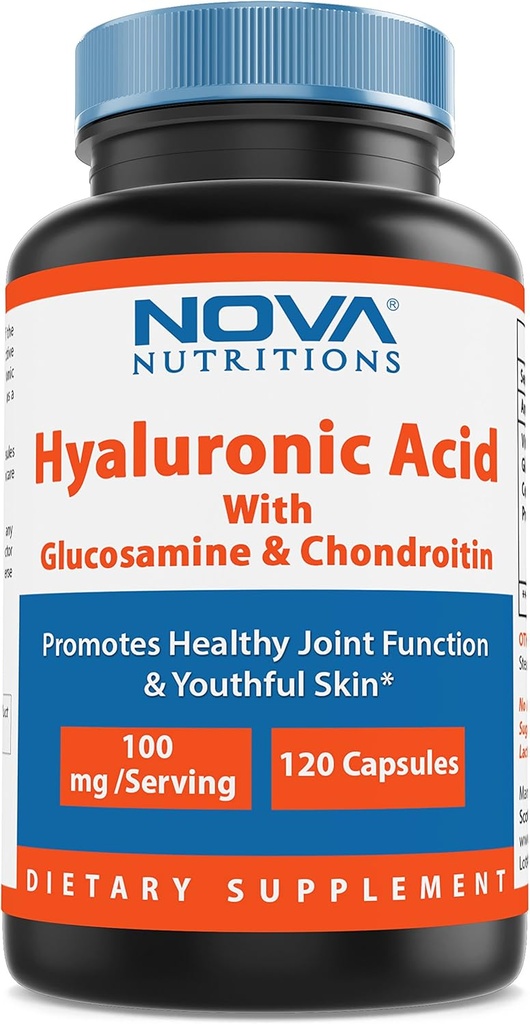 Nova Nutritions Hyaluronsyra 100 mg / servering - främjar ungdomlig hud och hälsosam gemensam funktion 120 kapslar