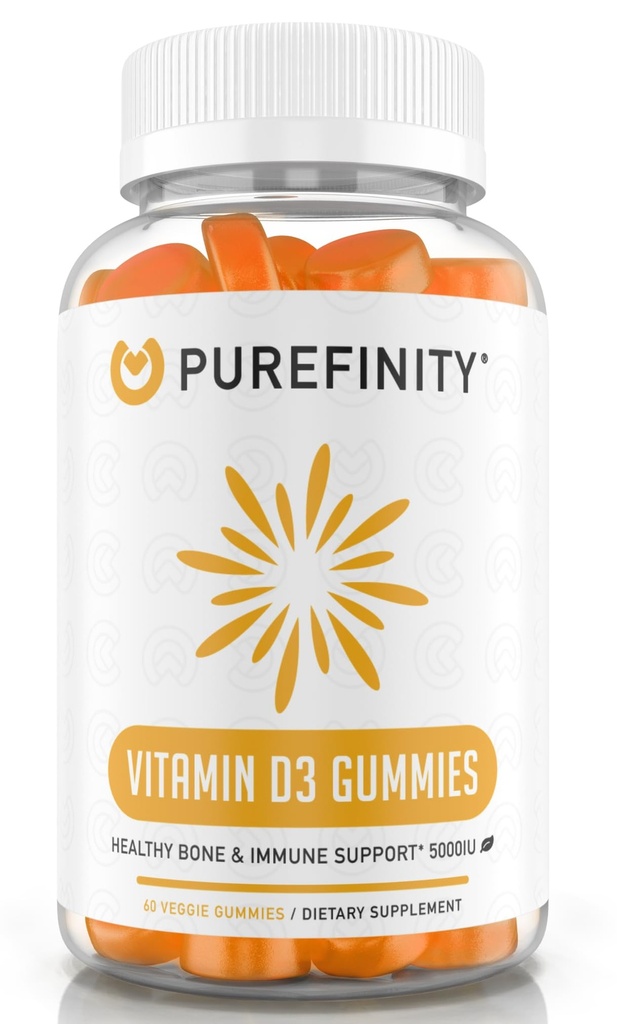PUREFINITY Vitamin D3 5000 iu Gummies - Din dagliga vitamin D-tillskott för benhälsa, immunhälsa och gemensam muskelstöd för vuxna och barn - Glutenfri, icke-GMO - 60 Veggie Gummies