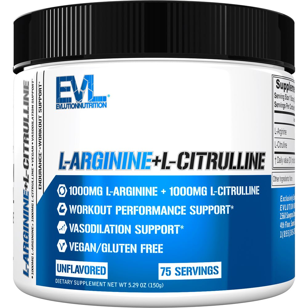 Evlution Nutrition L-Arginine + L-Citrulline - Endurance + Workout Performance Supplement - 2000mg Complex - Vasodilation + Nitric Oxide Support - Vegan + Gluten Free Powder - 75 portioner