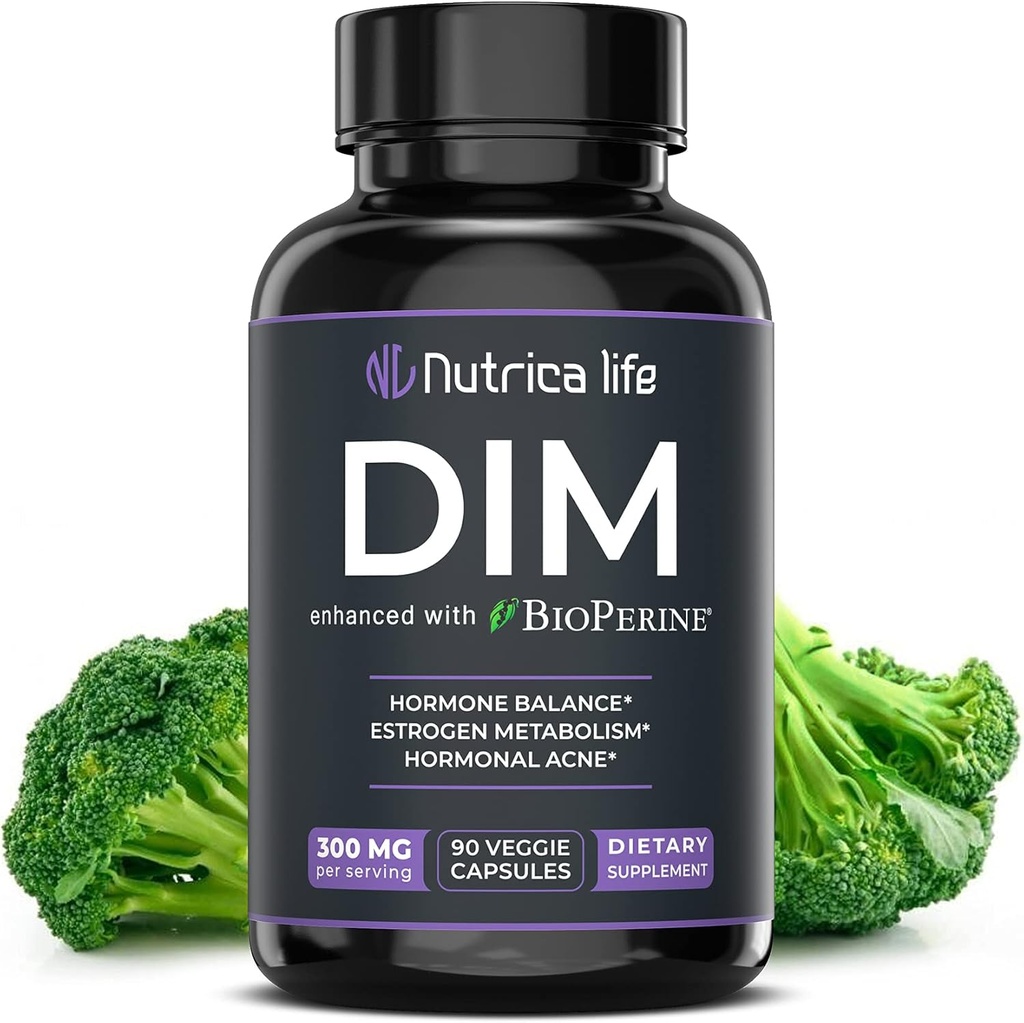 DIM Supplement 300mg - Diindolylmetan med Broccoli & BioPerine - Hormonbalansstöd för kvinnor och män, östrogenmetabolism, klimakteriet Relief & Hormonal Acne Control - 90 Vegan Caps