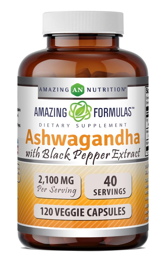 Fantastiska formler Ashwagandha Root med Black Pepper Extract Supplement | 2100 Mg Per Servering | Veggie Capsules Supplement | Non-GMO | Gluten-Free | Made in USA (1 Pack, 120 Count)