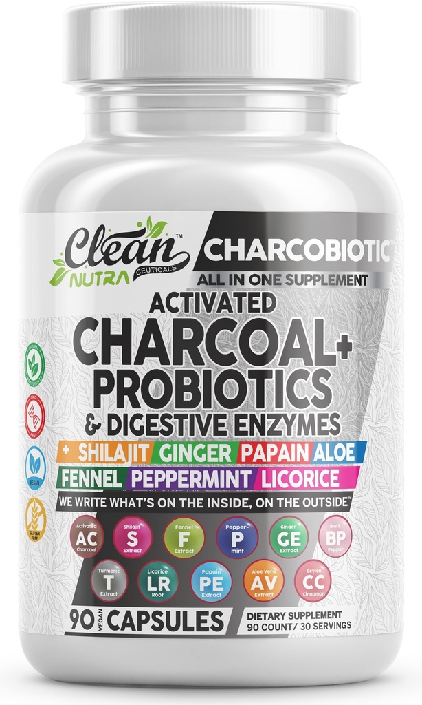 Clean Nutra aktiverade kolpiller + Shilajit Probiotic Digestive Enzymes för Digestive Health Capsules med Peppermint Fennel Licorice Papain Ginger Turmeric Powder | Gut Health