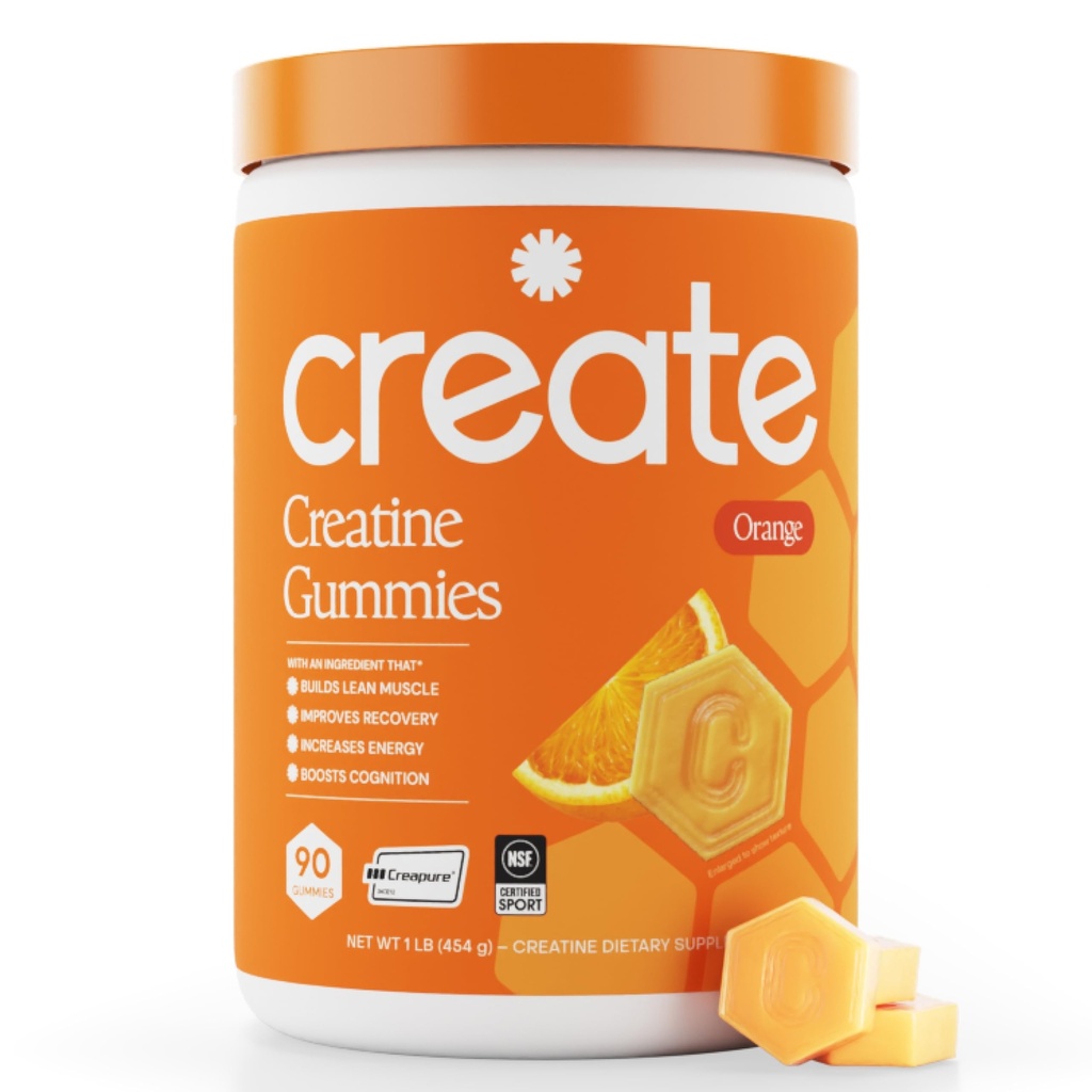 Skapa kreatinmonohydrat Gummies för män och kvinnor, öka fokus, styrka och uthållighet, anti-smältande formel, Vegan, glutenfri, icke-GMO, 1,5 g kreatin per Gummy (Orange, 90 ct)