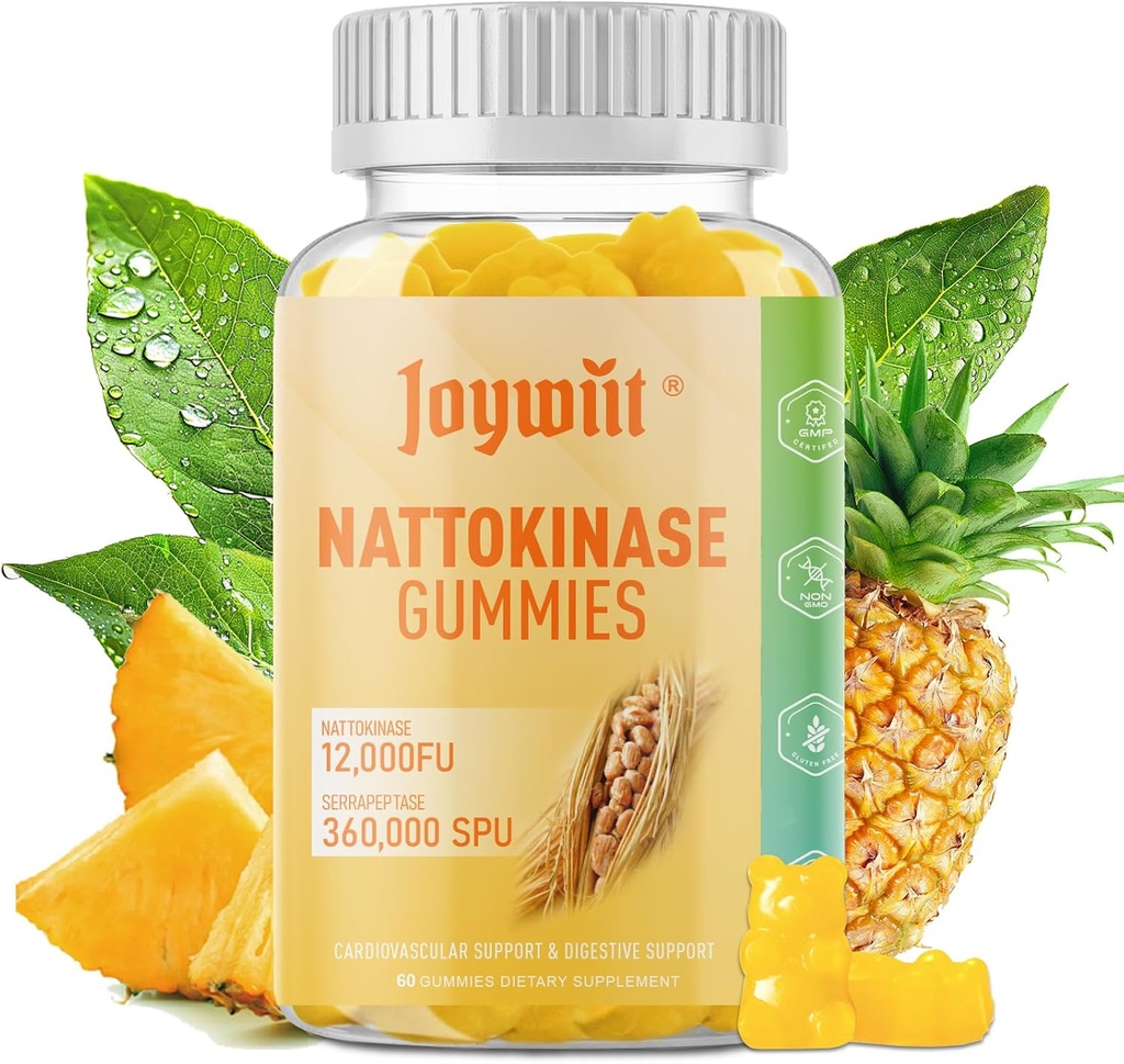 Nattokinase Gummies 12 000 FU, Serrapeptase Gummies 360.000 SPU Enzyme Supplement med Bromelain Papain & Inulin för cirkulation, Gut, Digestion Support, Vegan, Non GMO, 60 Counts