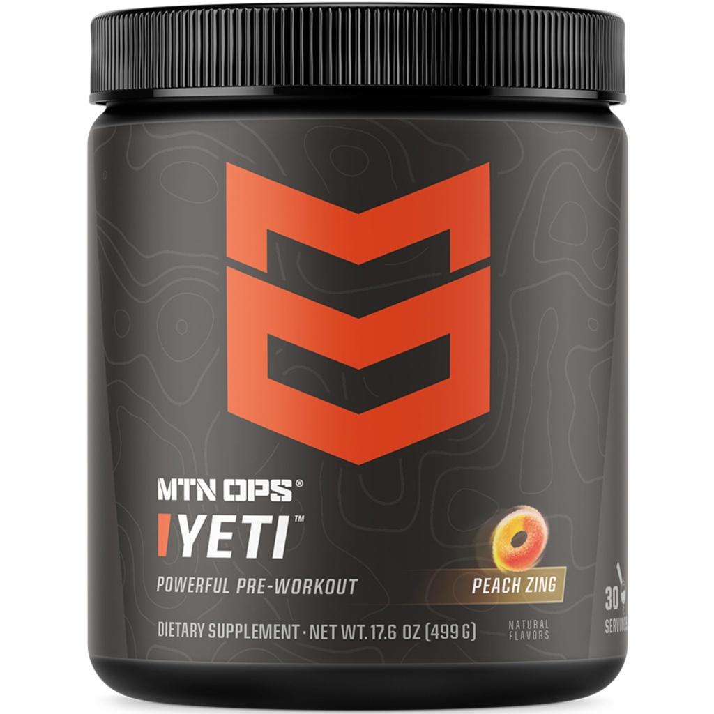 MTN OPS Yeti Pre-Workout Powder Energy Drink med kreatin, 200mg koffein och BCAA med Beta Alanine, 30-Serving Tub, Peach Zing