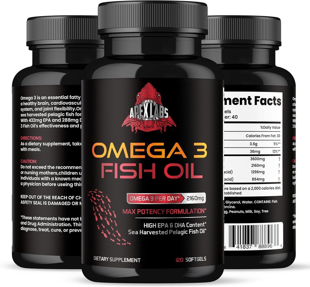 Triple Strength Omega 3 Fish Oil - Burpless Fish Oil Supplement w/EPA & DHA Fatty Acids från Single-Source Wild Alaska Pollock - 1200 mg, 120 ct