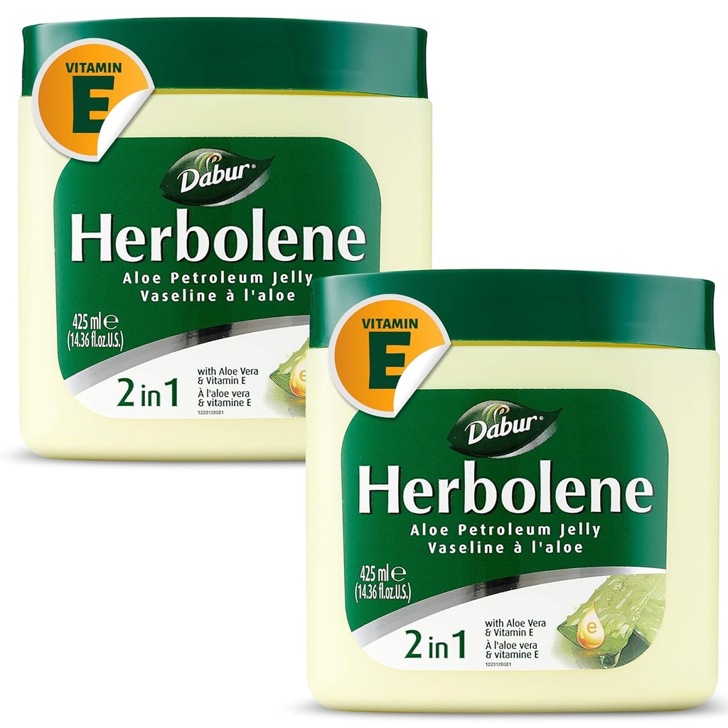 Dabur Herbolene Aloe Vera Gel Petroleum Jelly - Förbättrad med vitamin E för djup och intensiv hudfuktning - Gentle på känslig hud - närande Bliss och varaktig Hydration - 425 ML (Pack of 2)