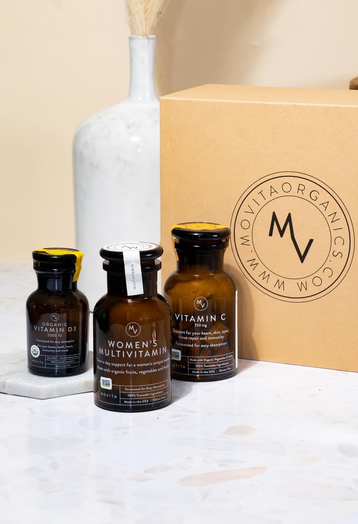 Movita Health Trio Vitamin Gift Set med vitamin D3, C och Women's Multivitamin, Fermented Whole Foods, Vitaminer och Minerals - Organic, Vegan-Friendly, Gluten-Free, & Non-GMO