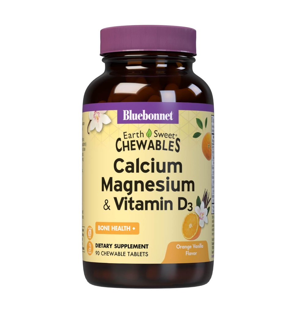 Bluebonnet Nutrition Calcium Magnesium Plus Vitamin D3 Earthsweet, Bone Health & Muscle Relaxation, Soy-Free, Gluten-Free, Kosher, Dairy-Free,90 Orange Vanilla smaksatta tabletter