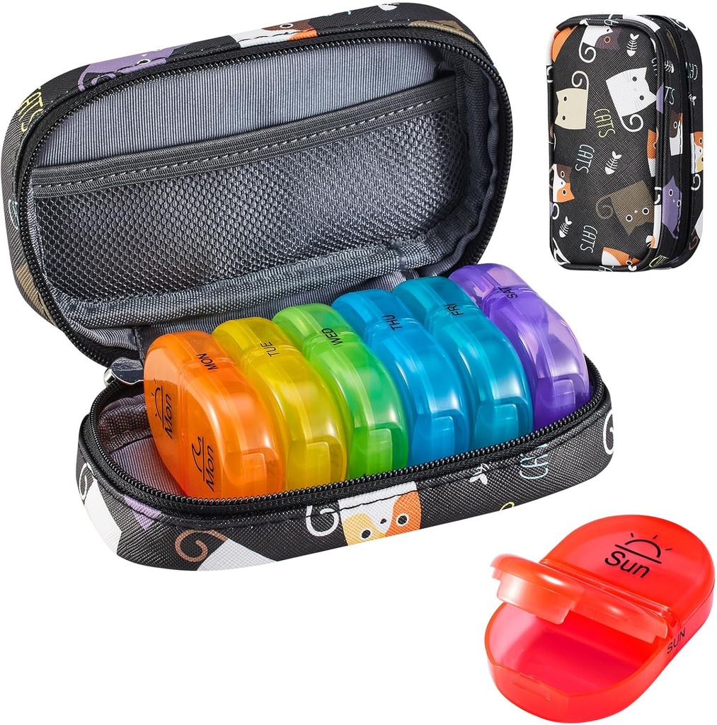 Serfeymi Weekly Travel Pill Organizer 2 Times A Day AM PM Upgraded Rainbow Pill Box 7 Day with Portable Zipper PU Leather Pill Case, Medicine Organizer for Pills, Vitamins, Fish Oils - Black 02