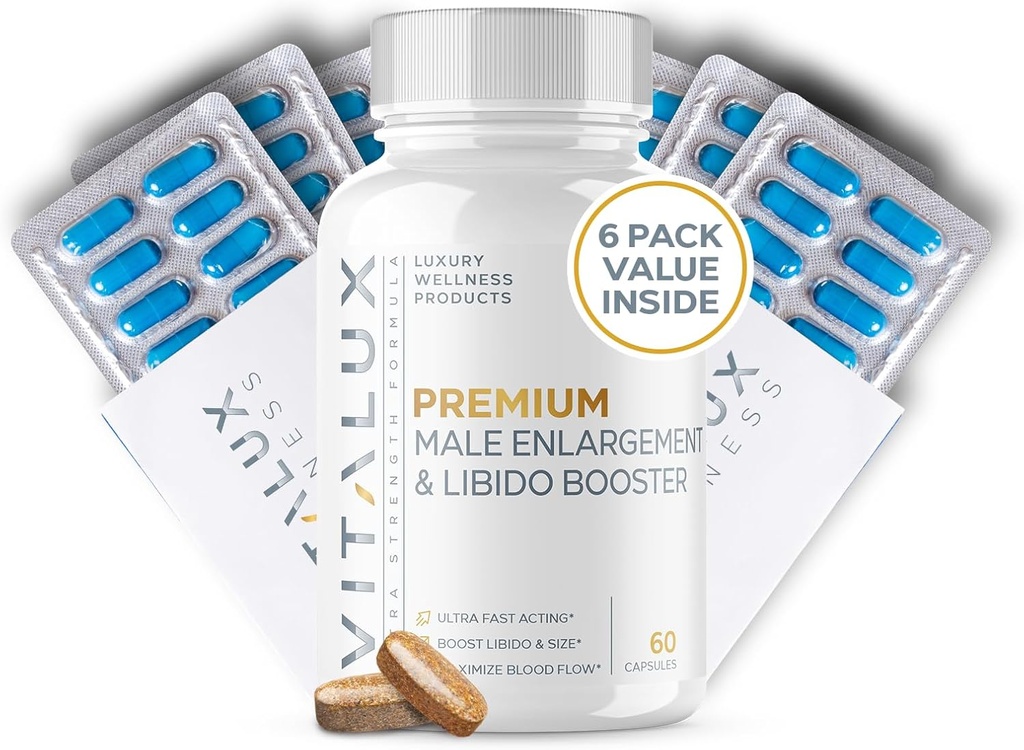 VITALUX || #1 Dosed Premium Erection Support & Libido Booster || Fast-Acting Blood Flow, Size & Firmness för Mäns Förbättring | L-Arginine + 18 Ingredienser | 3rd Party Tested + USA Made - 60 Pills