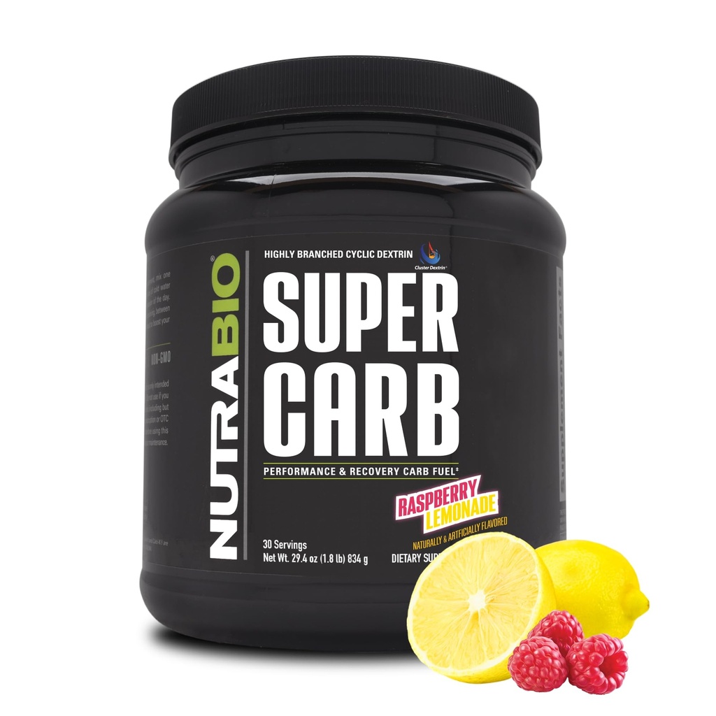 NutraBio Super Carb, kolhydratpulver med Cluster Dextrin & Electrolytes, Advanced Carb Supplement Powder för träningsbränsle, prestanda och muskelåterhämtning, Cyklisk Dextrin, Raspberry Lemonade, 30 Sv