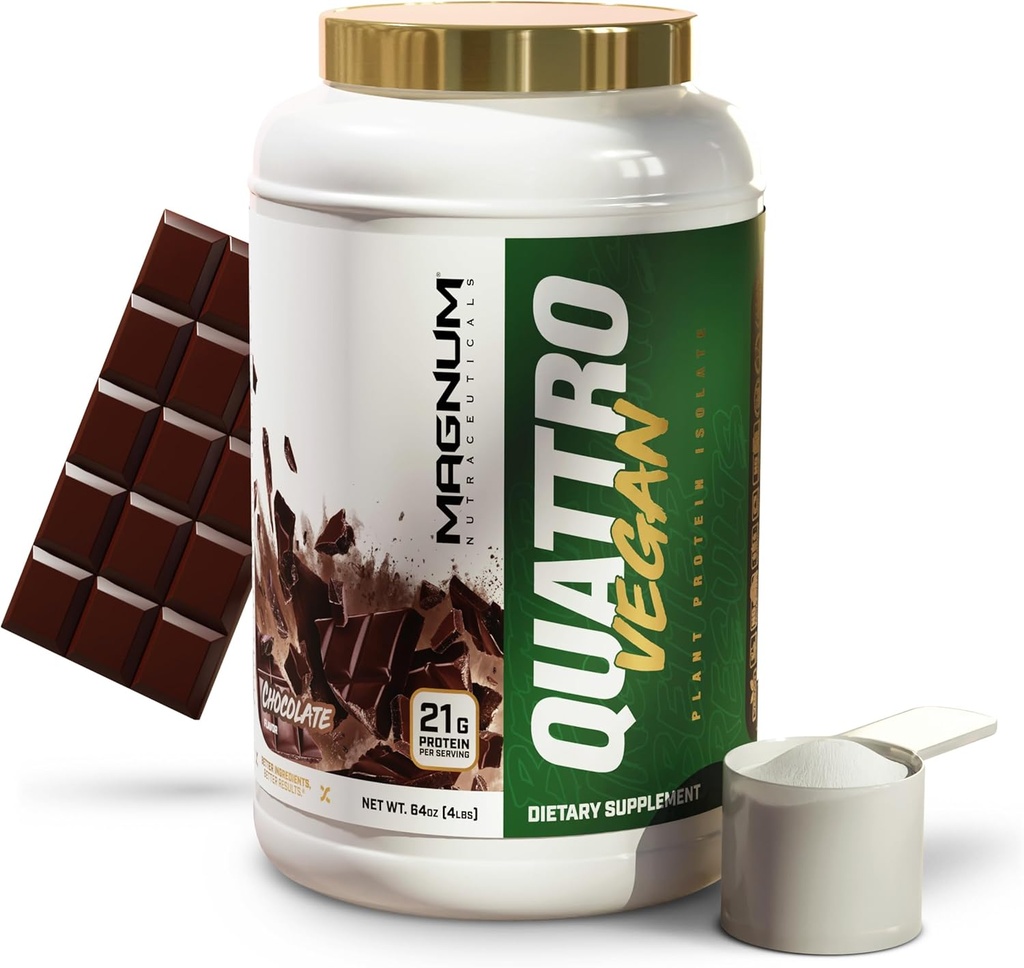 Magnum Nutraceuticals Quattro Vegan Protein Powder, Chocolate 2lb - Premium Plant-Based Protein Pulver Isolat för muskeltillväxt och återhämtning